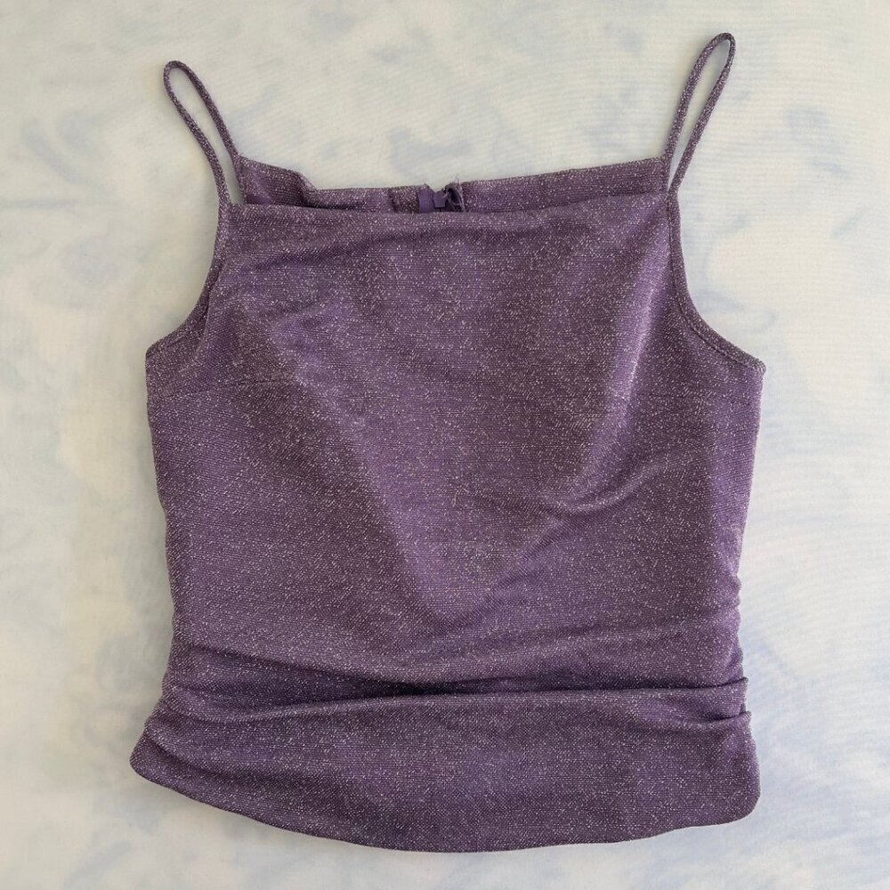 Purple & Silver Sparkle Fitted Ruched Zipper Back Tank Top - Picture 1 of 7